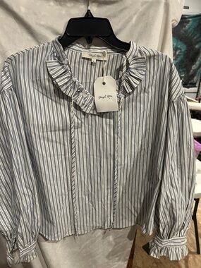 Simple Rite Blue & White Striped Ruffle Neck Blouse
